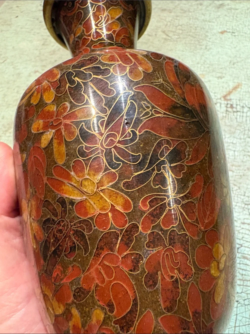 Chinese Cloisonné Floral Vase Multicolor Enamel Gold Tone 8”